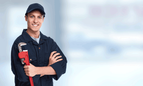 Smiling plumber in uniform holding a red pipe wrench, representing plumbing services and expertise related to historical plumbing in the White House.