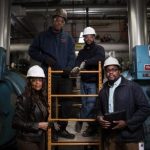 Four workers in hard hats with a wooden ladder and machinery, representing skilled plumbing professionals.