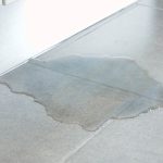 Puddle of water on smooth tile floor, indicating possible slab leak in plumbing.