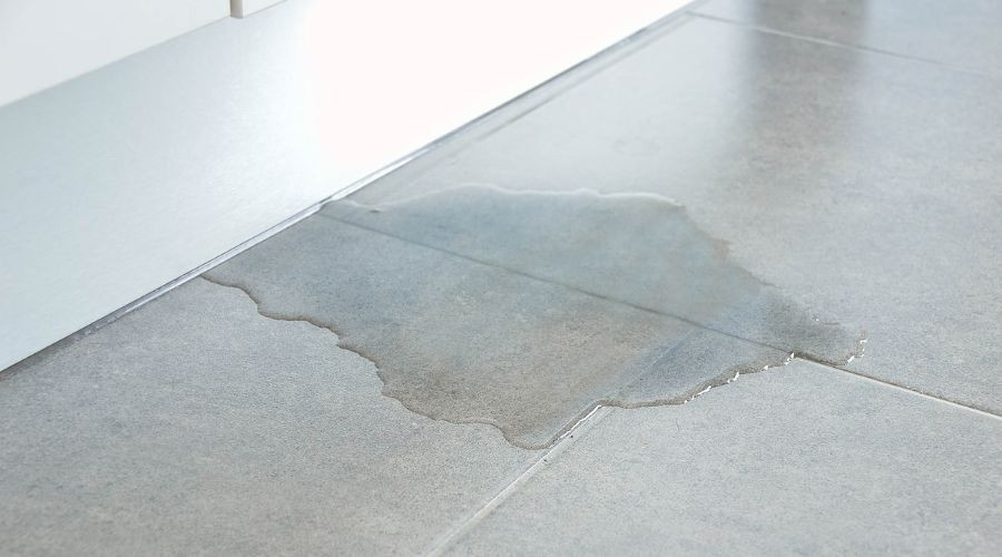 Water pooling on tiled floor, indicating potential plumbing issue or leak, relevant to burst pipes and slab leak prevention discussed by Marc Francis Plumbing.