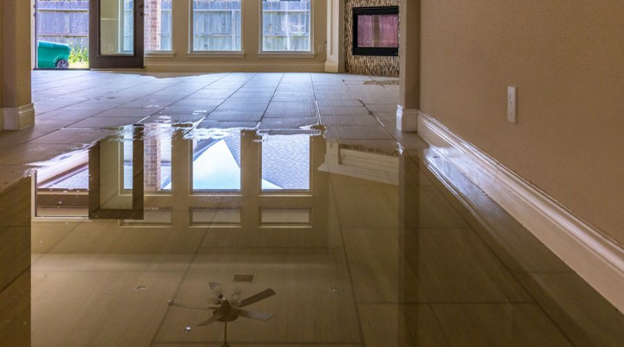 Water pooled on tiled floor in a residential living room, reflecting windows and ceiling fan, indicative of potential plumbing issues like burst pipes.