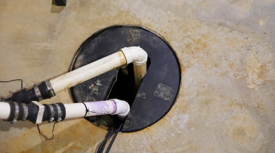 Sump pump installation with PVC pipes entering a drainage pit, relevant to plumbing services and maintenance discussions.