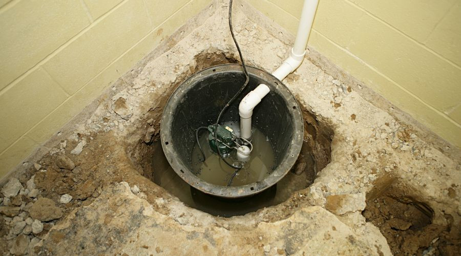 Sump pump in a basement hole with PVC piping for plumbing and drainage solutions by Marc Francis Plumbing.