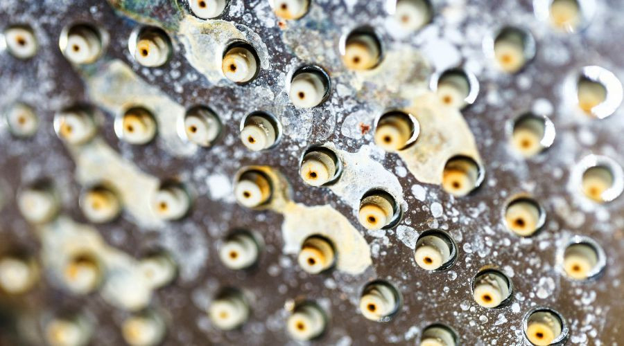 Metallic kitchen grater with worn surface and symmetrical holes, representing practical home maintenance tools.