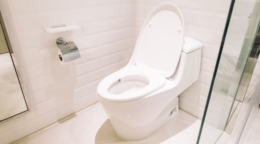 Modern toilet in a clean bathroom setting, emphasizing toilet care and maintenance tips.